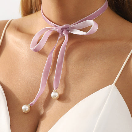 Women Velvet Pearl Bow Choker Simple Long Lace up Necklace