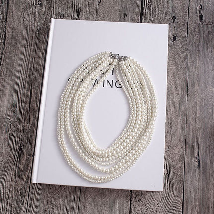 8 Layers Strand Simulated Pearl Strand Bib Necklace Choker Chain Necklace