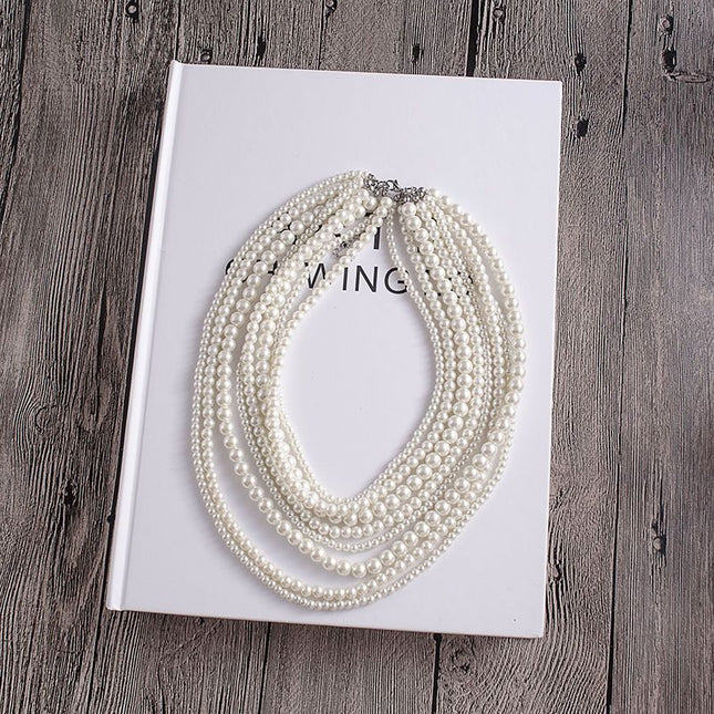 8 Layers Strand Simulated Pearl Strand Bib Necklace Choker Chain Necklace
