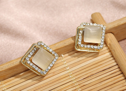 Geometric Opal Rhinestone Stud Earrings