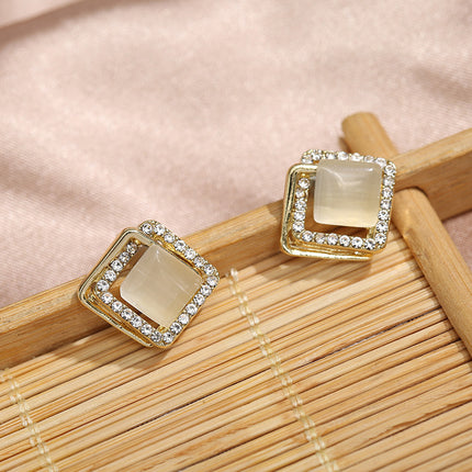 Geometric Opal Rhinestone Stud Earrings - FASHION SHEGOODS LLC