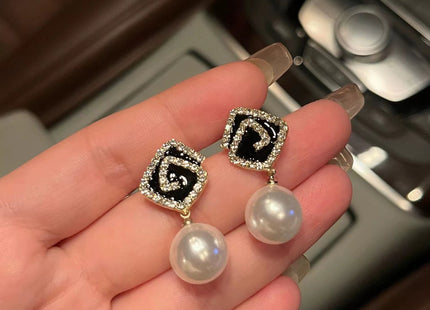 Geometric Square Black Enamel Pearl Earrings