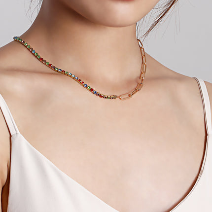 Paper Clip Chain with Colorful Zirconia Tennis Necklace - FASHION SHEGOODS LLC