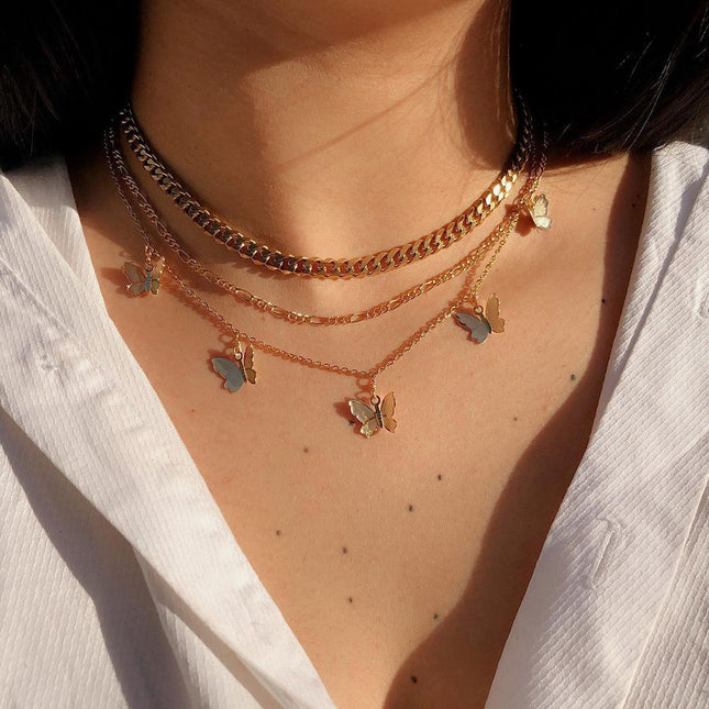 Butterfly Pendant Multi Layered Chain Necklace