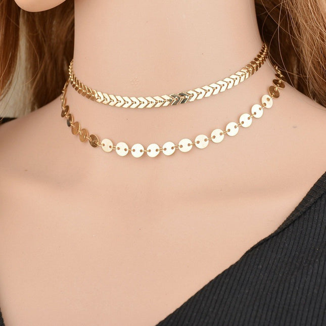 Layered Choker Metal Disc Chain Necklace - FASHION SHEGOODS LLC