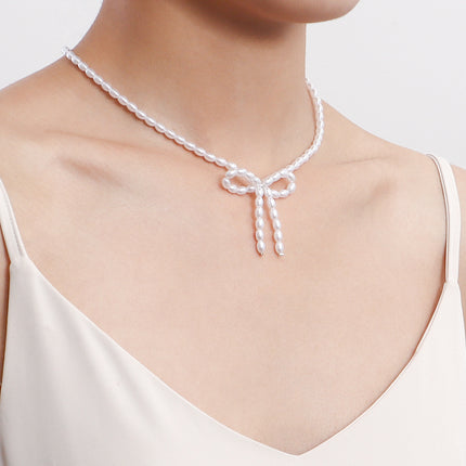 Pearl Chain Bow Knot Pendant Pearl Choker Necklace - FASHION SHEGOODS LLC