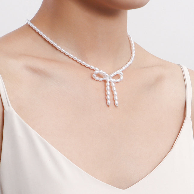 Pearl Chain Bow Knot Pendant Pearl Choker Necklace