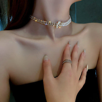 Pearl Crystal Short Chain Rhinestone Statement Necklace