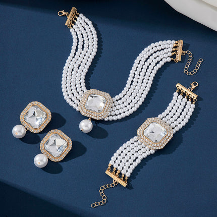 Exaggerated Bride Jewelry Women's Imitation Pearl Necklace Earrings Set