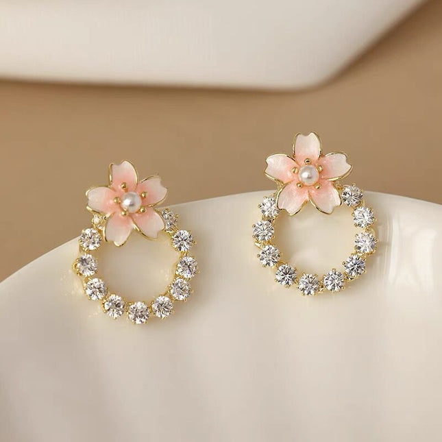 Pink Cherry Blossom Wreath Stud Earrings