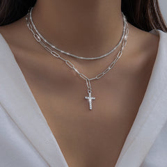 Retro Rhinestone Cross Pendant Multi-layer Chain Necklace Jewelry - FASHION SHEGOODS LLC
