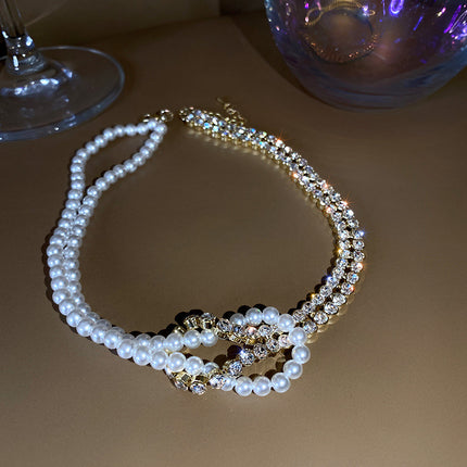 Pearl Crystal Short Chain Rhinestone Statement Necklace