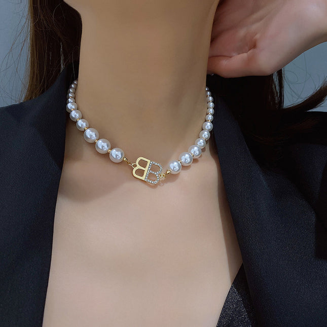 Fashion Imitation Pearl Beads Chain Letter B Pendant Necklace