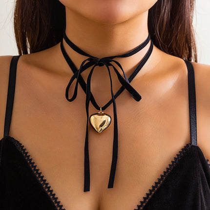 Ribbon Bow Long Choker Simple Heart Necklace