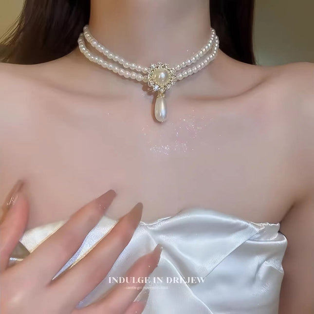 Double Layer Chain Choker  Water Drop Pendant Necklace Set