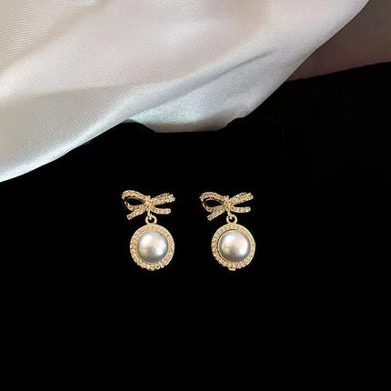 Pearl Rhinestone Bowknot Earrings