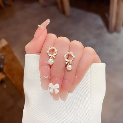 Pearl Rhinestone Bow Earrings