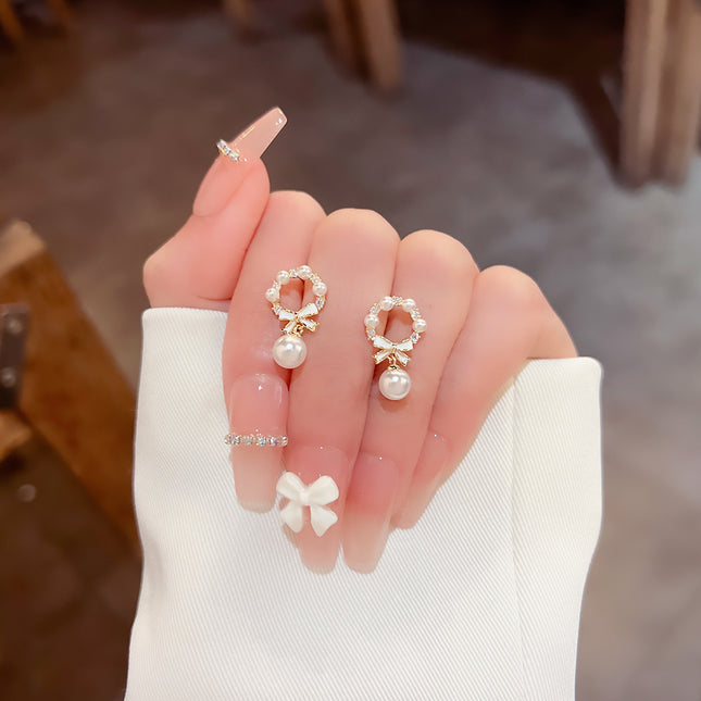 Pearl Rhinestone Bow Earrings