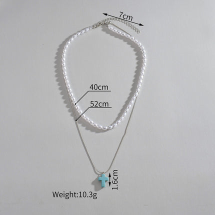 Turquoise Cross Pendant Stone Pearl Multi Layer Necklace
