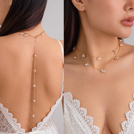 Elegant Faux White Pearl Necklace with Long Gold-Plated Tassels