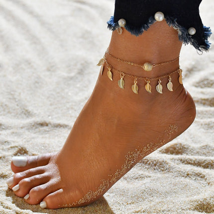 Beach Leaf Shape Layered Tassel Foot Chain