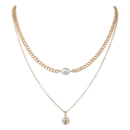 Rhinestone Pearl Round Double Layer Necklace