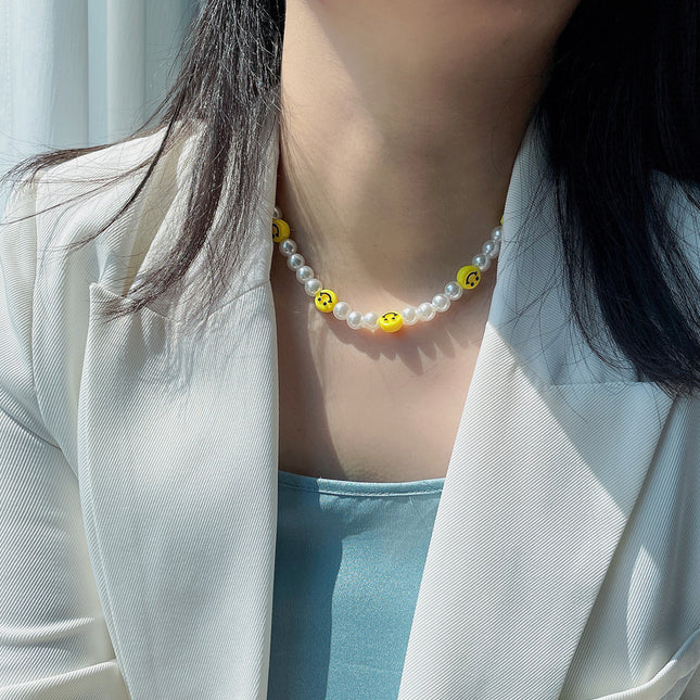 Pearl Beaded Smile Face Bead Choker Necklace for Women - FASHION SHEGOODS LLC