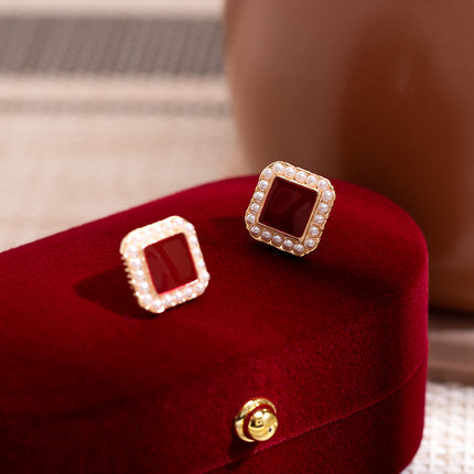 Geometric Square Pearl Stud Earrings - FASHION SHEGOODS LLC