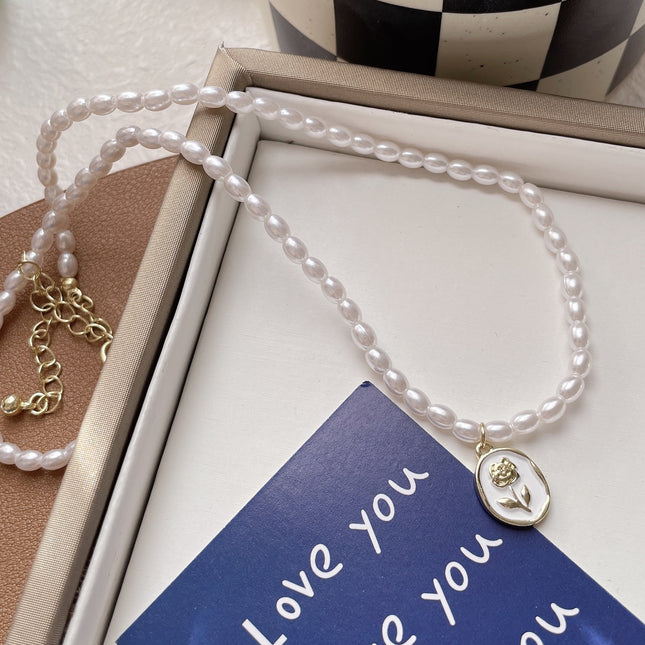 Oval Glass Pearl Necklace Wedding Pearl Necklace for Brides - FASHION SHEGOODS LLC
