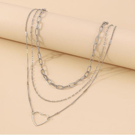 Multi Layers Metallic Chain Hollow Heart Pendant Necklace
