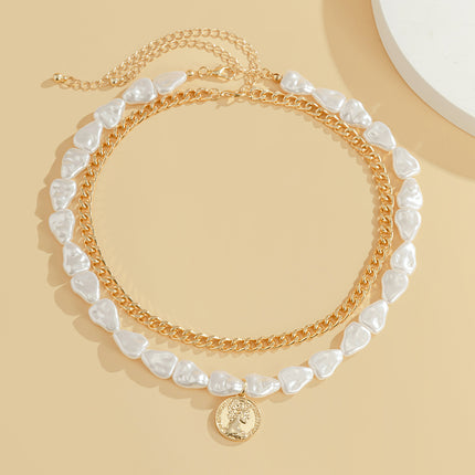 Carved Coin Pendant Layer Chain Necklace