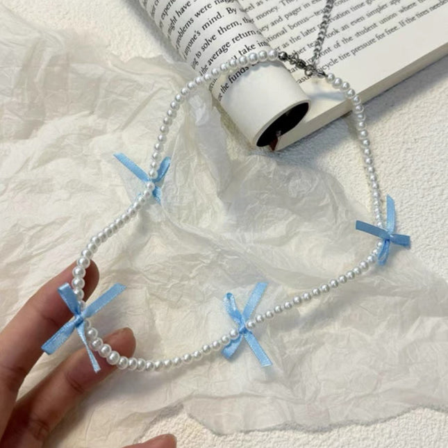 Cute Silk Ribbon Bow Charm Rice Beads Short Choker Necklace