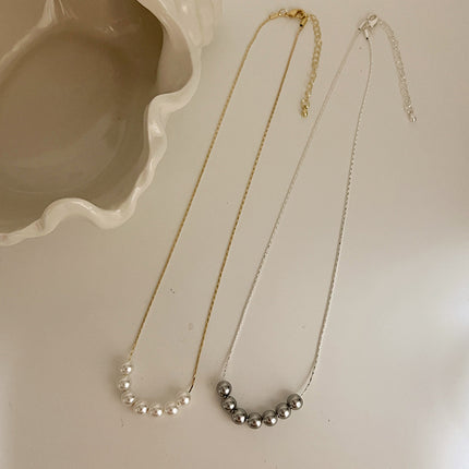 White Pearl Bead Necklace Chain Grey Beaded