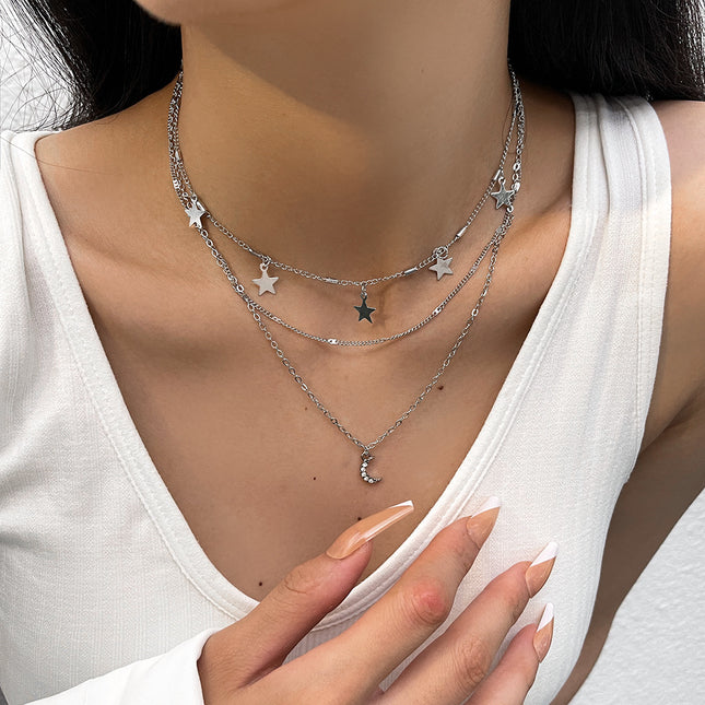 Multi-layer Star Pentagram Tassel Moon Pendant Chain Necklace - FASHION SHEGOODS LLC