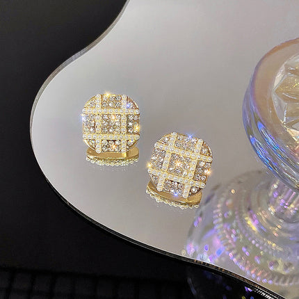 Geometric Rhinestone Small Pearl Square Earrings - FASHION SHEGOODS LLC