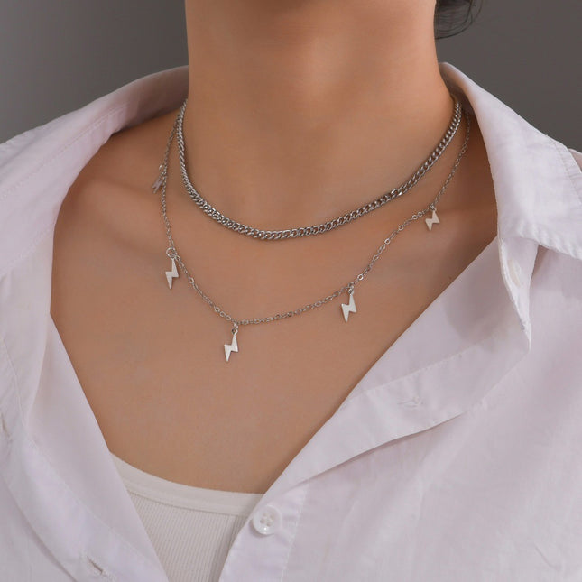 Layer Chain Lightning Pendant Choker Necklace - FASHION SHEGOODS LLC