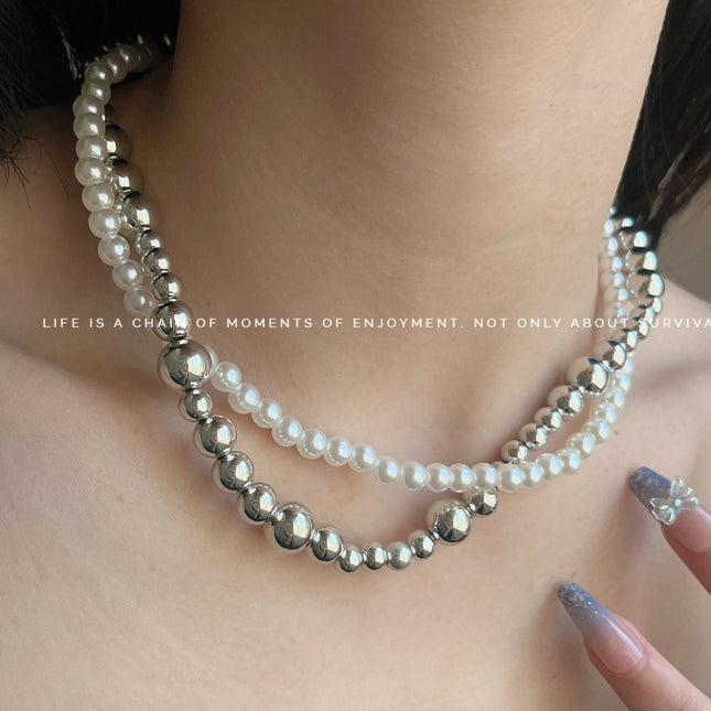Imitation Pearl Wrapped Necklace Double Layer Magnetic Buckle Neck Chain Choker Necklace - FASHION SHEGOODS LLC