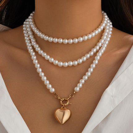 Imitation Pearl Multilayer Choker Necklace for Women Elegant Heart Pendant Necklace