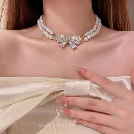 Full Stone Baroque Pearl Double-layer Bow Pendant Necklace - FASHION SHEGOODS LLC
