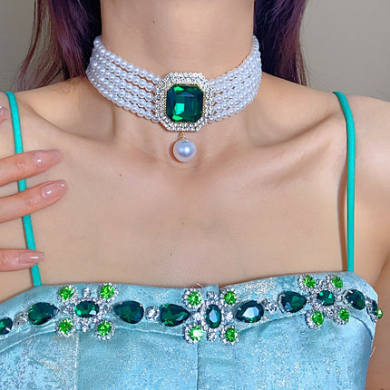 Layered Big Rhinestones Pearl Beads with Green/Red/Transparent Crystal Short Choker Necklace - FASHION SHEGOODS LLC