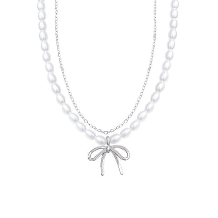 Double Layer Pearl Necklace Women Bow Necklace