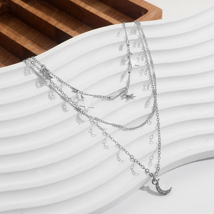 Multi-layer Star Pentagram Tassel Moon Pendant Chain Necklace - FASHION SHEGOODS LLC