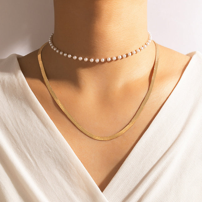 Multilayer Pearl Flat Blade Chain Choker Necklace - FASHION SHEGOODS LLC