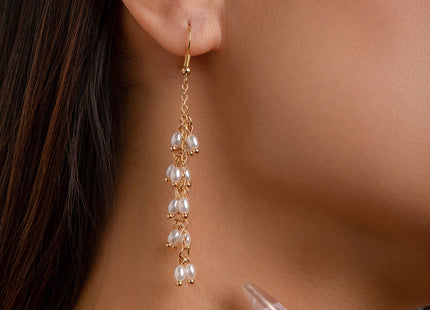 Elegant Faux White Pearl Necklace with Long Gold-Plated Tassels