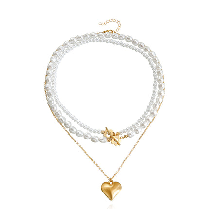 Multi-layer Pearl Necklace Exaggerated Double Layer Gold Heart Pendant Necklace - FASHION SHEGOODS LLC
