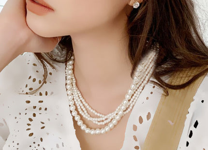 Multi-Layer Braided White Pearl Statement Necklace Chains Choker Collar