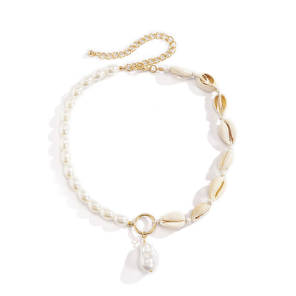 Beach White Irregular Baroque Pearl Pendant Shell Bead Necklace