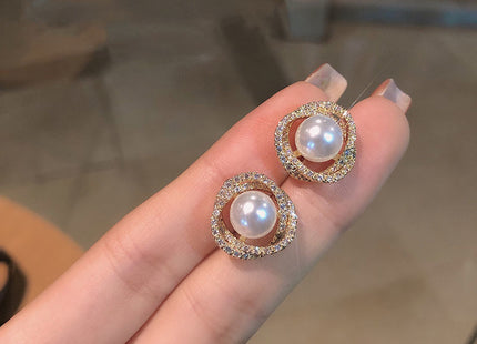 Round Crystal Rhinestone Pearl Stud Earrings