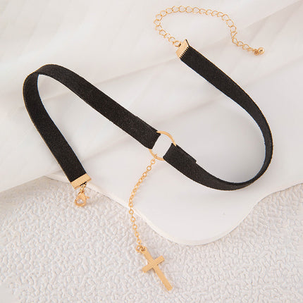Punk Cross Tassel Pendant Black Short Choker Necklace