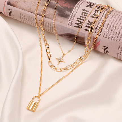 Heart Star Charm Paperclip Chain Choker Necklace Layered Lock Pendant - FASHION SHEGOODS LLC